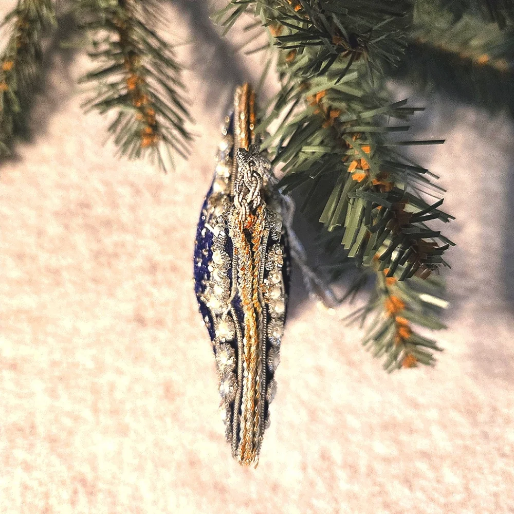 VTG Navy Blue Velvet Pearl Sequin Ornaments Lot of 2, Jeweled Star/Teardrop Ball